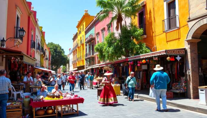 A vibrant street scene in San Miguel de Allende featuring colourful colonial architecture, bustling artisan markets, and lively street performers under a bright blue sky.