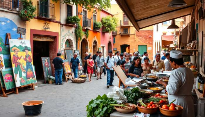 A lively street scene in San Miguel de Allende with local artists painting murals against colourful colonial architecture, while a chef prepares traditional Mexican dishes in an open-air kitchen, highlighting cultural exchange and culinary experiences.