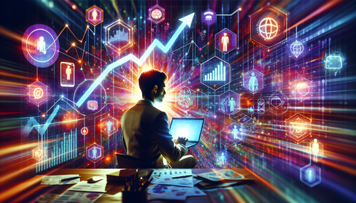 Young entrepreneur in a Patchway, UK, office analysing social media metrics on a screen, surrounded by rising graphs, chat bubbles, and targeted ads.