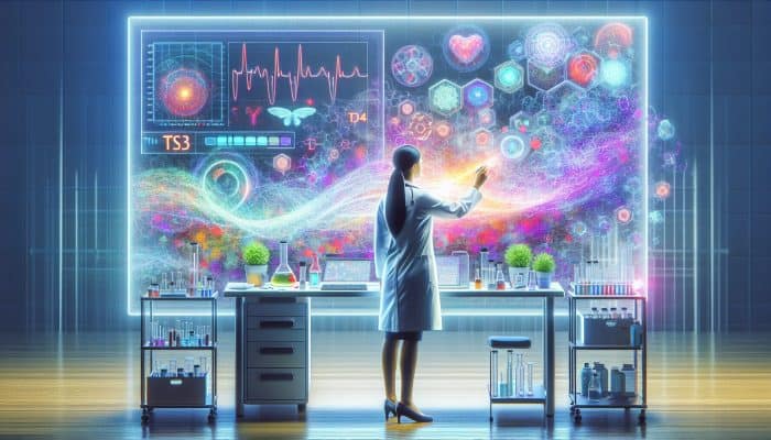 Doctor in a modern lab analysing thyroid blood test results on a digital screen showing TSH 0.4-4.0 mIU/L and T3, T4 graphs.