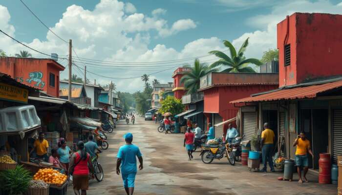 A vibrant urban scene in Belize showing a bustling market area alongside a rundown neighborhood, highlighting socioeconomic contrasts, local law enforcement, and community programs amidst tropical vegetation and colorful buildings.