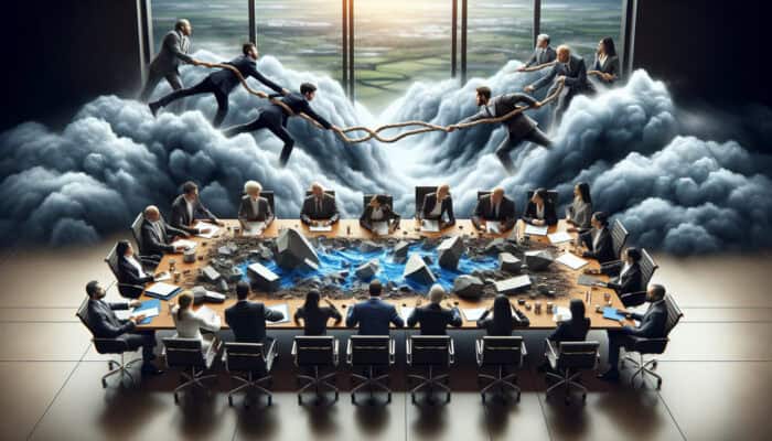 Executives in suits debate across a cluttered boardroom table, surrounded by storm clouds, broken bridges, and divided teams symbolizing renewal challenges.