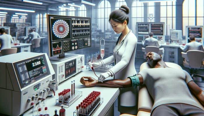A medical technician draws blood from a patient's arm in a laboratory, surrounded by test tubes, centrifuges, and digital analyzers.