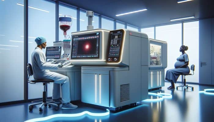 In a contemporary UK NHS laboratory, a healthcare professional operates an ALP analyser, viewing results on a monitor while a pregnant patient waits.