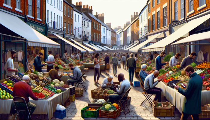 Vibrant high street in Melksham, UK, with colorful market stalls, vendors displaying fresh goods, and people chatting while browsing smartphones.