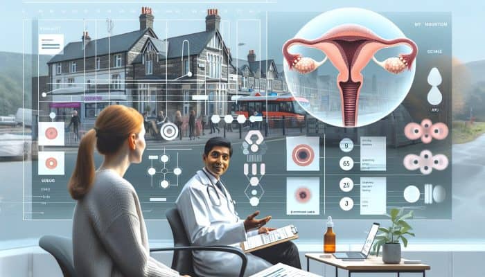 Doctor in white coat discusses elevated FSH levels with patient in modern UK clinic, pointing to charts.