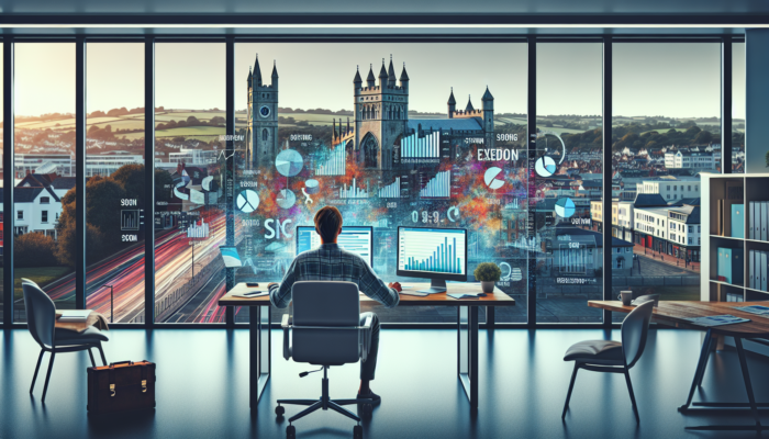 A digital marketer in a modern Exeter office reviews colourful SEO graphs on a screen, with historic city landmarks visible through the window.