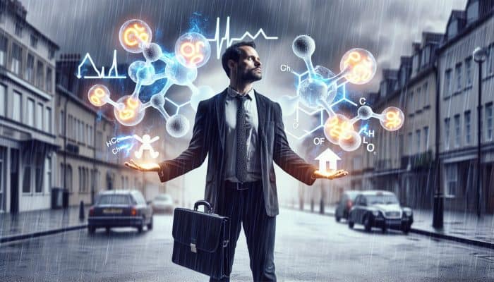 Can High Cortisol Levels Cause Skin Issues: A stressed professional juggles work documents and family icons on a rainy London street, with glowing cortisol molecules in veins, symbolizing health impacts.