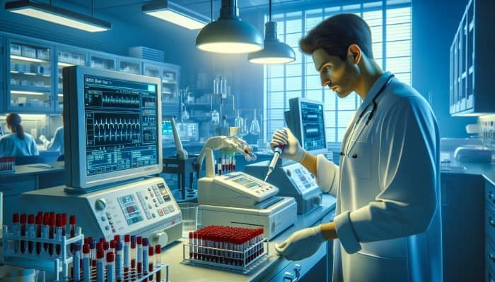 Technician conducting FBC blood test in busy hospital lab, using pipettes and analyzers with glowing screens showing results.