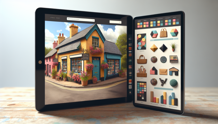 Illustration of a quaint Warminster small business storefront with a tablet showing a modern e-commerce site, product displays, navigation, and rising sales graphs.