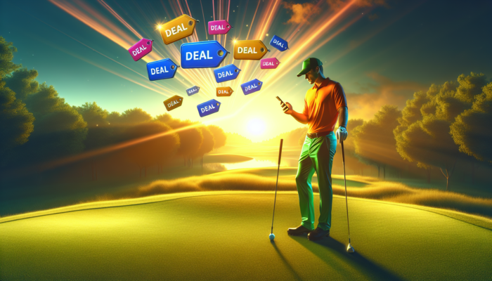 A golfer in vibrant attire on a lush green course at dawn, scrolling a smartphone with flashing deal notifications and floating tags.