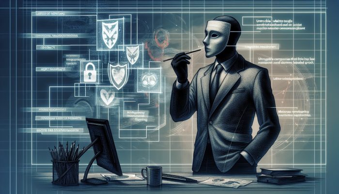 How to Spot Unsafe Debt Management Companies: Signs to Watch | DCL A shadowy businessman in a dim London office wears masks, manipulating screens with fake contracts and flickering untraceable websites.