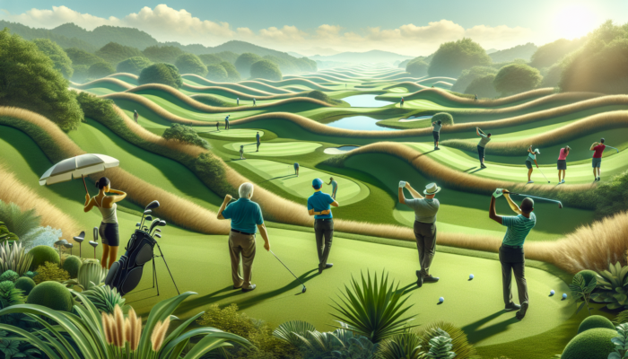 Golfers practicing swings on undulating fairways at Kempton Park, with bunkers, water hazards, and expert coaches under a clear sky.