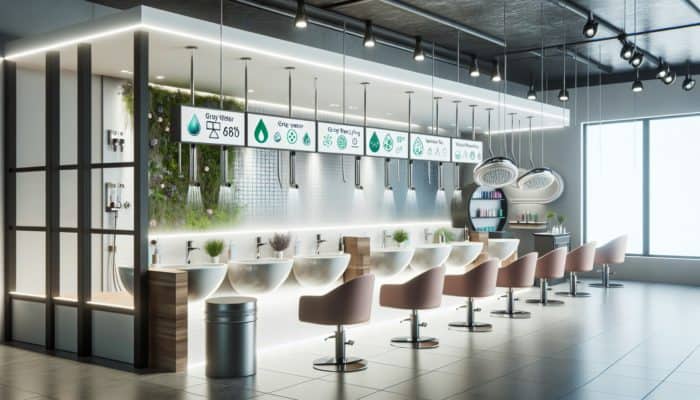 A modern eco-friendly salon showcasing stylists using low-flow showerheads, water-efficient systems, greywater recycling, and smart monitors for sustainable beauty services.