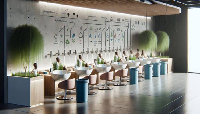 A modern hair salon where stylists utilise low-flow faucets and rainwater systems, surrounded by greenery, recycling bins, and signs illuminated by LED lights.