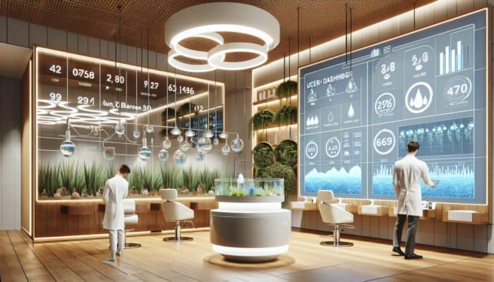 In a contemporary salon, stylists analyse digital dashboards displaying real-time water usage graphs, surrounded by eco-friendly fixtures and plants.