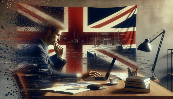 A diligent entrepreneur reviews WordPress websites on a laptop in a contemporary London office, surrounded by notebooks and a Union Jack flag.