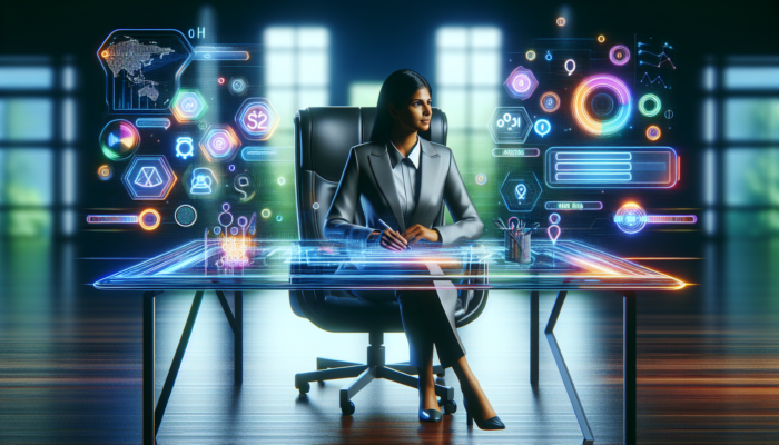 Digital marketer at a sleek desk optimizing a glowing website with holographic keywords, meta tags, and analytics graphs.