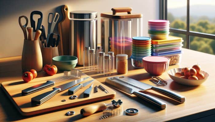 A well-organised kitchen countertop showcasing sharp knives on a wooden board, colourful measuring cups, sturdy glass containers, and a can opener in warm light.