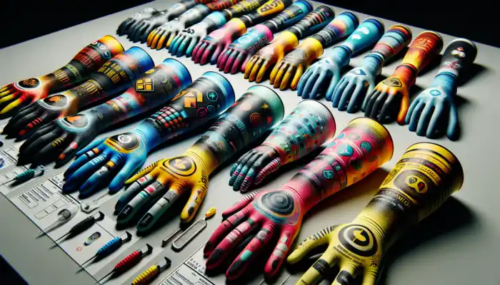 Customized latex gauntlet gloves with vibrant logo, assorted colors, extended lengths, padding, enhanced grips, and temperature resistance on a workbench.