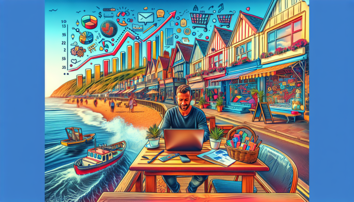 Bournemouth coastal scene: small business owner at café analyzes e-commerce SEO on laptop with rising graphs and shopping carts.