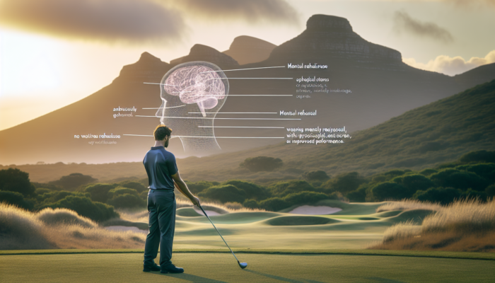 A focused golfer visualizes precise swings on a dawn-lit South African course, surrounded by rolling hills and indigenous flora.