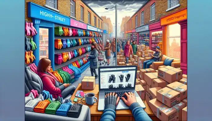 A vibrant Luton store displays colorful gloves with shoppers trying sizes, contrasted by a home scene of online browsing and delivery boxes.