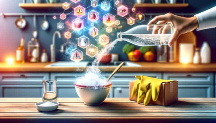 A kitchen scene with vinegar and baking soda pouring into a foaming bowl, cleaning a counter, and safety gloves with warning labels nearby.