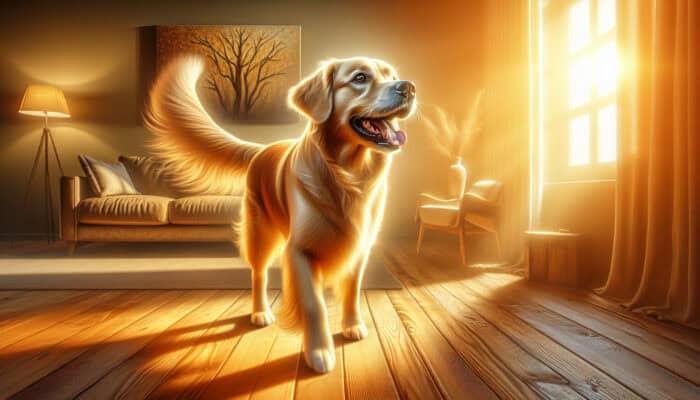Wagging Tail Means Happiness in Dogs: A golden retriever dog wags its tail vigorously in excitement, muscles contracting, in a warm sunlit living room.