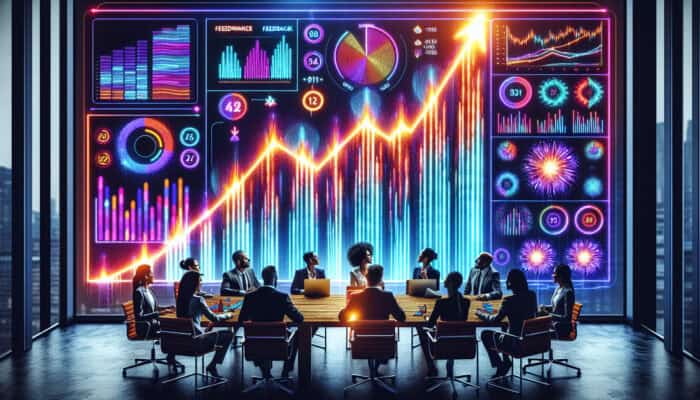 Professionals in a conference room analysing vibrant KPI dashboards with ascending graphs, showcasing performance growth.