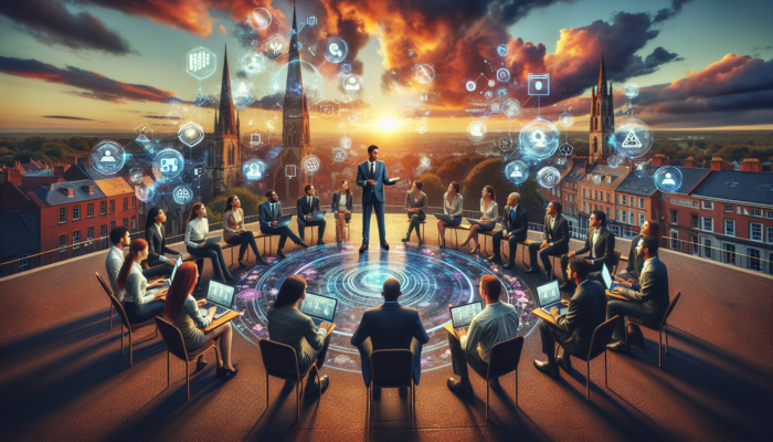 A diverse team of professionals discussing social media strategies on laptops, set against the picturesque backdrop of Shaftesbury's Gold Hill at sunset, surrounded by digital icons.