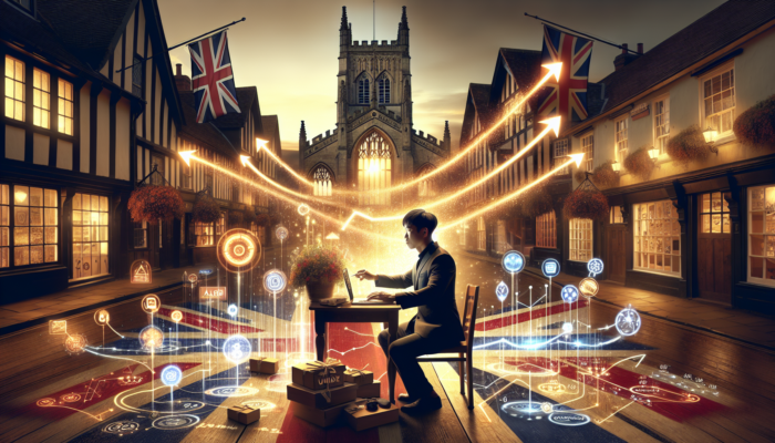 An analyst in historic Shaftesbury, UK, examines a glowing dashboard with ascending graphs that reflect social media ROI metrics alongside British flags.