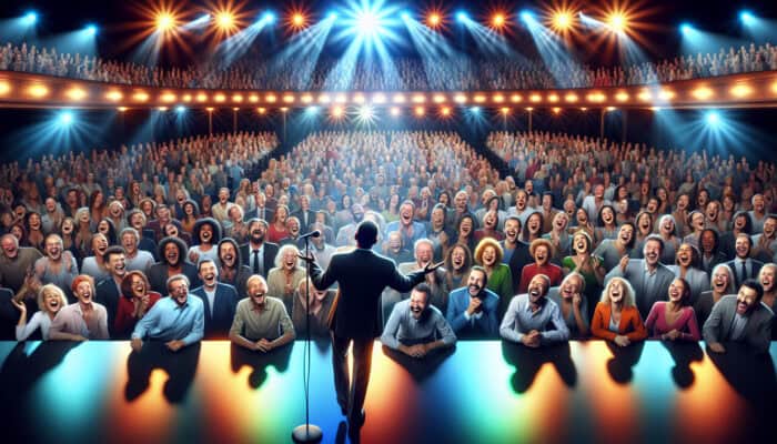 A charismatic speaker on stage cracking jokes, with a diverse audience laughing and discussing in a warmly lit auditorium.