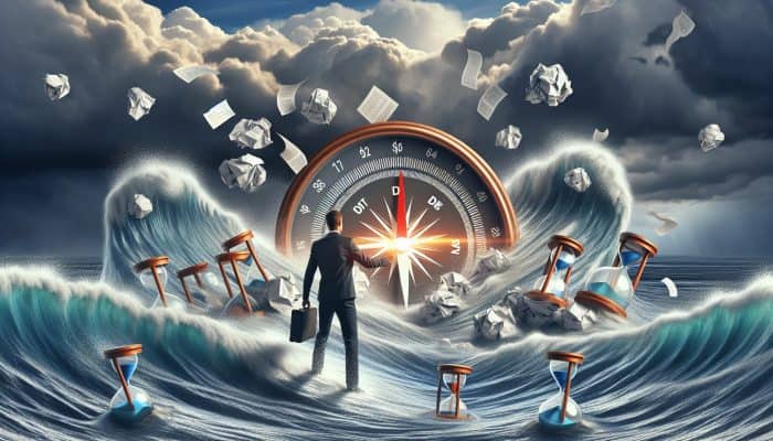 Debt Consolidation on Zero Hours Contracts: Essential Guide | DCL Determined worker on zero-hours contract navigates stormy sea of debt bills with glowing debt consolidation compass under turbulent sky.