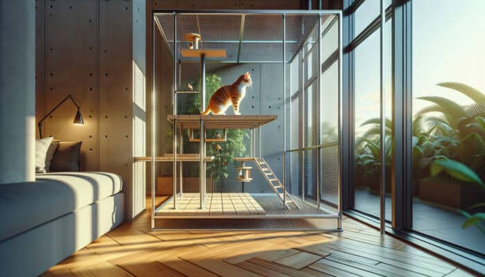 Bird Watching Setups for Cats: A curious cat on a sturdy, metal-reinforced wooden platform by a screened window, watching birds at an outdoor feeder in a sunlit room.