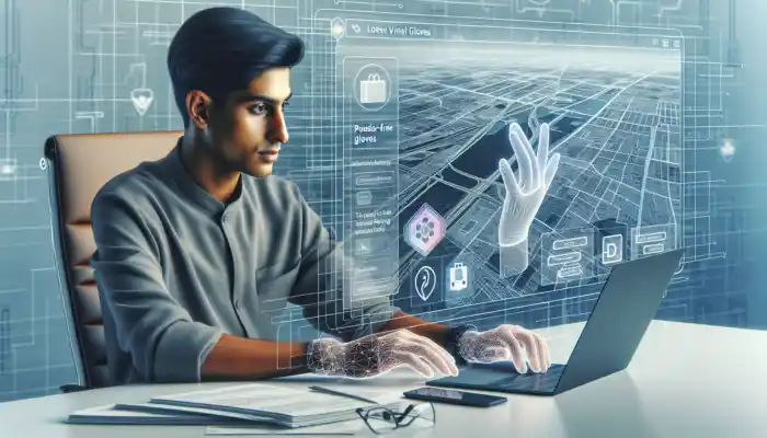 A focused individual at a desk browses a UK medical website on a laptop, looking at images of powder-free vinyl gloves with a Leicester map and delivery icons in the background.