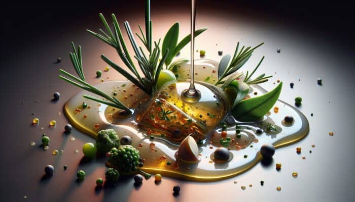 Close-up of a gourmet dish with glossy sauce drizzle, infused olive oil, rosemary flecks, vibrant herbs, and citrus sheen.