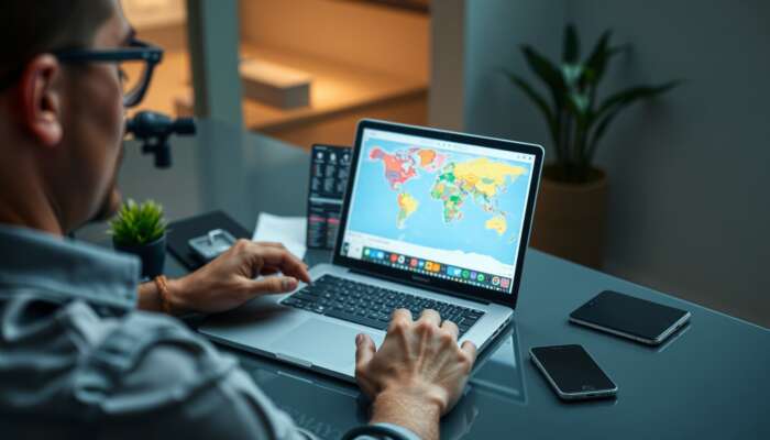 A traveler at a sleek desk organizes vacation logistics on a laptop, showing flight bookings, hotel reservations, and a colorful itinerary map.