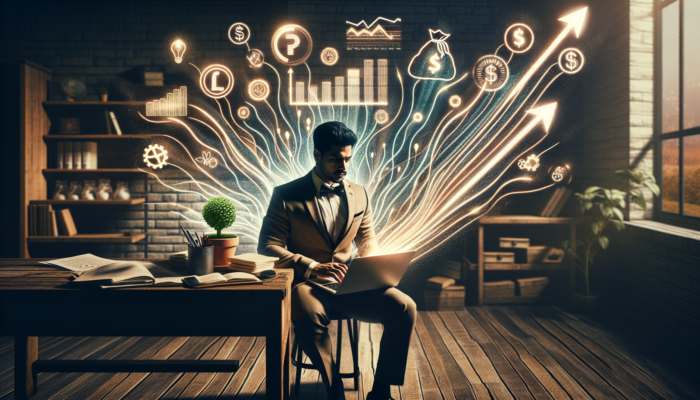 A small business owner typing on a laptop at a rustic desk, with words transforming into rising sales graphs, cash flows, and a growing seedling.