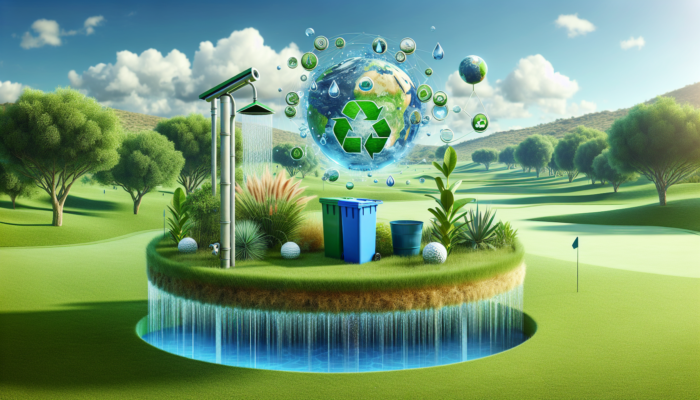 Serene golf course at Benoni Country Club with rainwater harvesting systems, lush native plants, and recycling bins under a clear blue sky.