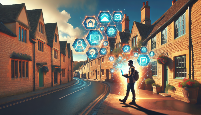 A marketer in Chipping Campden stands among historic Cotswold buildings, launching a social media campaign on a glowing laptop under a sunny sky.