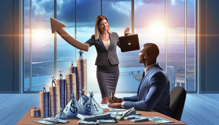 Financial advisor confidently explains rising credit score graph to relieved client in modern office, surrounded by debt symbols.