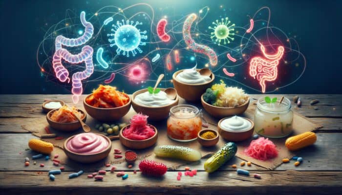 Fermented foods like kimchi, yogurt, sauerkraut, and kombucha on a wooden table, with glowing probiotic bacteria and a healthy digestive system illustration.