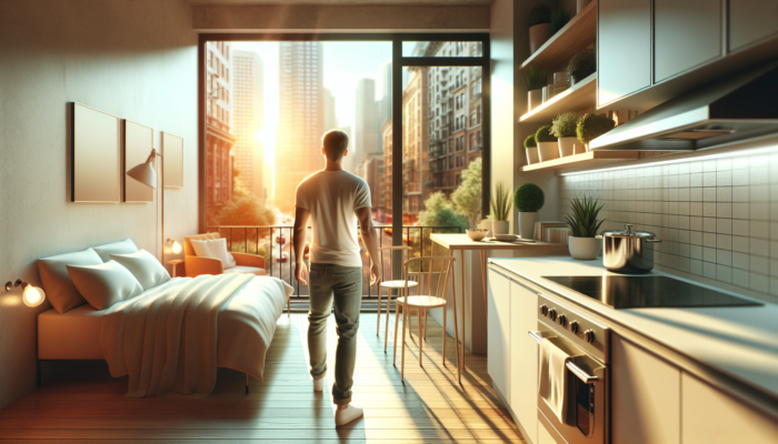Vibrant illustration of a young professional in a sunlit studio apartment with compact kitchen, bed, and balcony view of a lively city street.