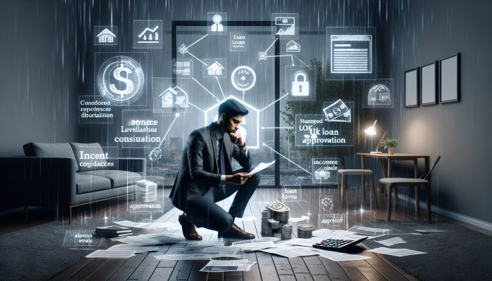 A determined young professional in a rainy London flat reviews student loan documents surrounded by income graphs, calculators, and stamped approval forms.