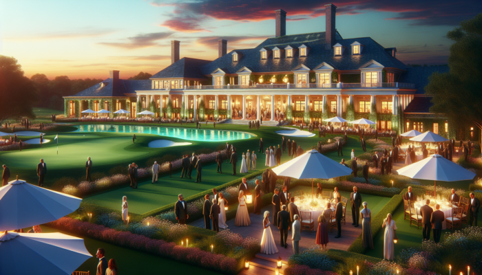 Cato Ridge Country Club at dusk: manicured golf greens, elegant guests mingling, grand clubhouse, sparkling pools, and tents under a vibrant sunset.
