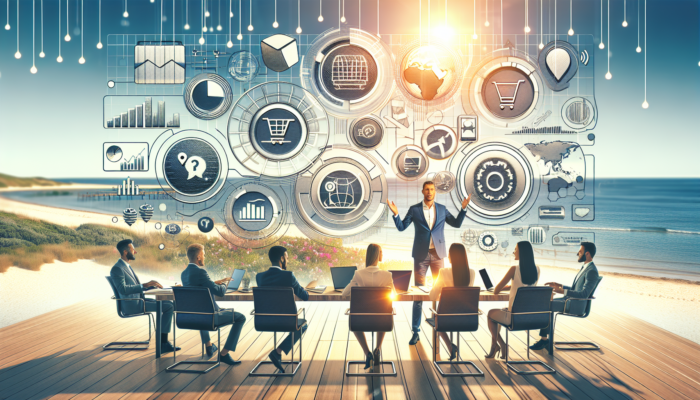 Experts in modern attire discuss ecommerce strategies in a sunlit office overlooking Exmouth's beaches, with laptops and digital graphs on screens.