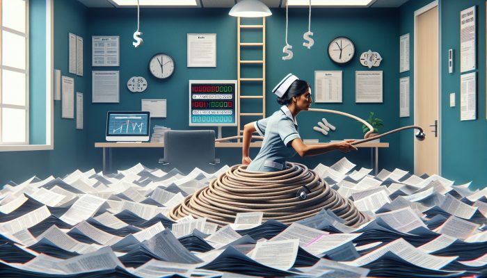 Debt Consolidation for NHS and Public Sector Staff | DCL NHS nurse in a modern UK office reviews debt bills and interest rates on a computer, with a flowchart of consolidation steps.