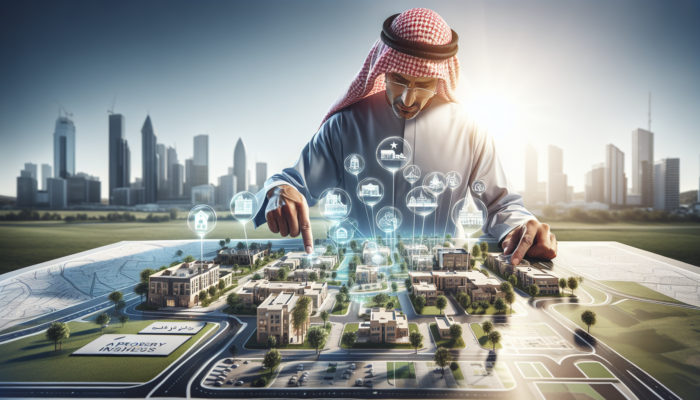 A determined investor examines a property map on a sunny day in Colesberg, surrounded by a modern school, bustling hospital, and lush park.