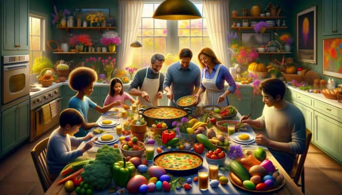 A diverse family collaborates in a sunlit kitchen, preparing a colorful vegetable frittata with fresh ingredients and Easter eggs.